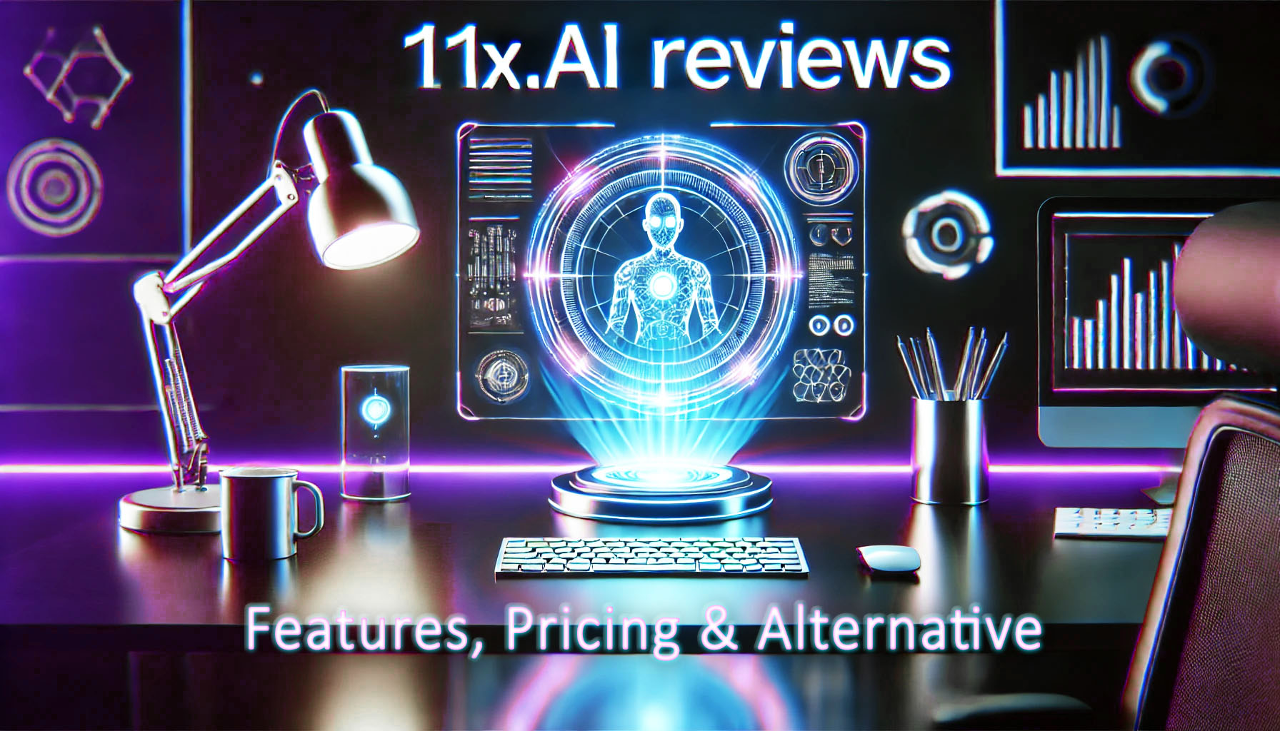 Futuristic desk setup with holographic interface displaying a human figure and data charts. Text reads 11x.AI reviews and Features, Pricing & Alternative. Includes a lamp, keyboard, mug, and pencil holder on the desk.