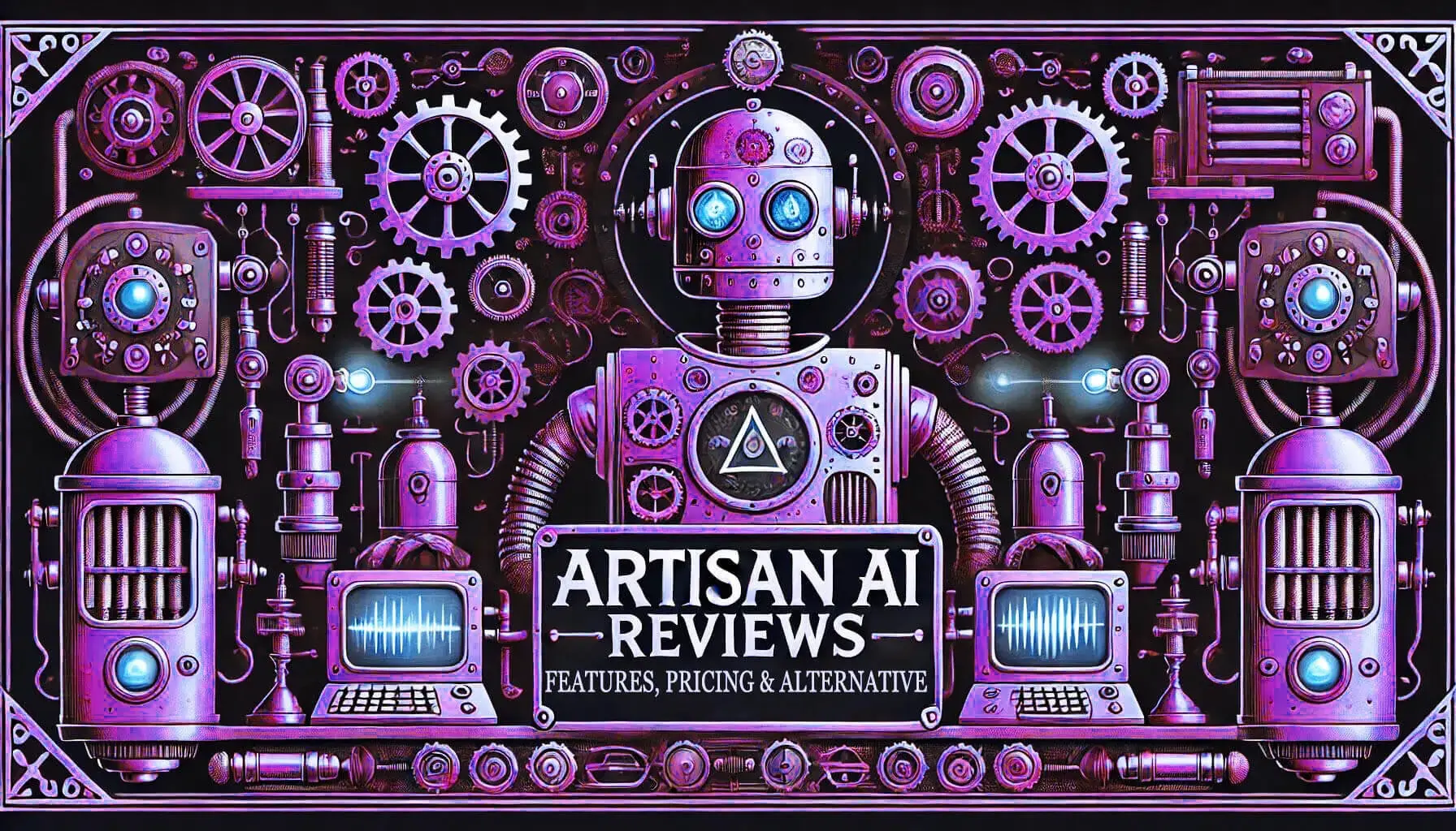 Robotic-themed artwork featuring a central robot with glowing eyes surrounded by gears and pipes. Below, two computers flank a sign that reads Artisan AI Reviews: Features, Pricing & Alternative. The design uses vibrant purple and pink hues.