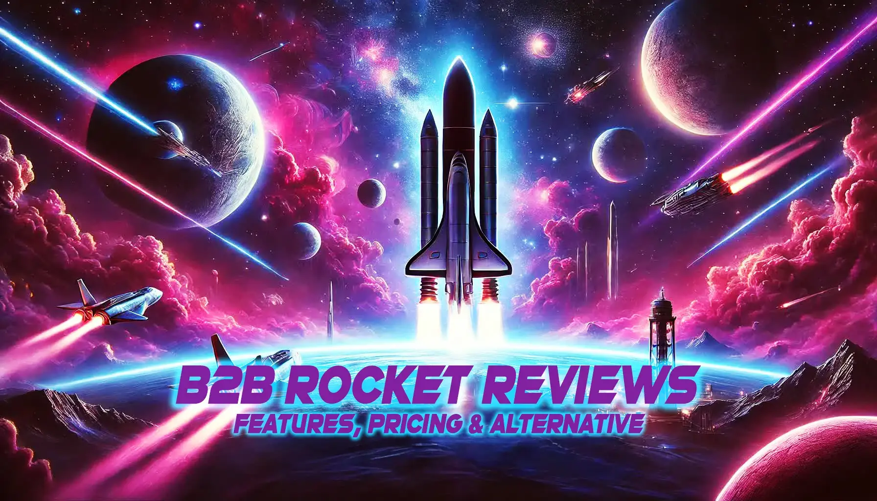 A rocket launches into a vibrant space scene with planets, pink and purple nebulas, and stars. The text reads B2B Rocket Reviews: Features, Pricing & Alternative in bold purple and blue typography at the bottom.