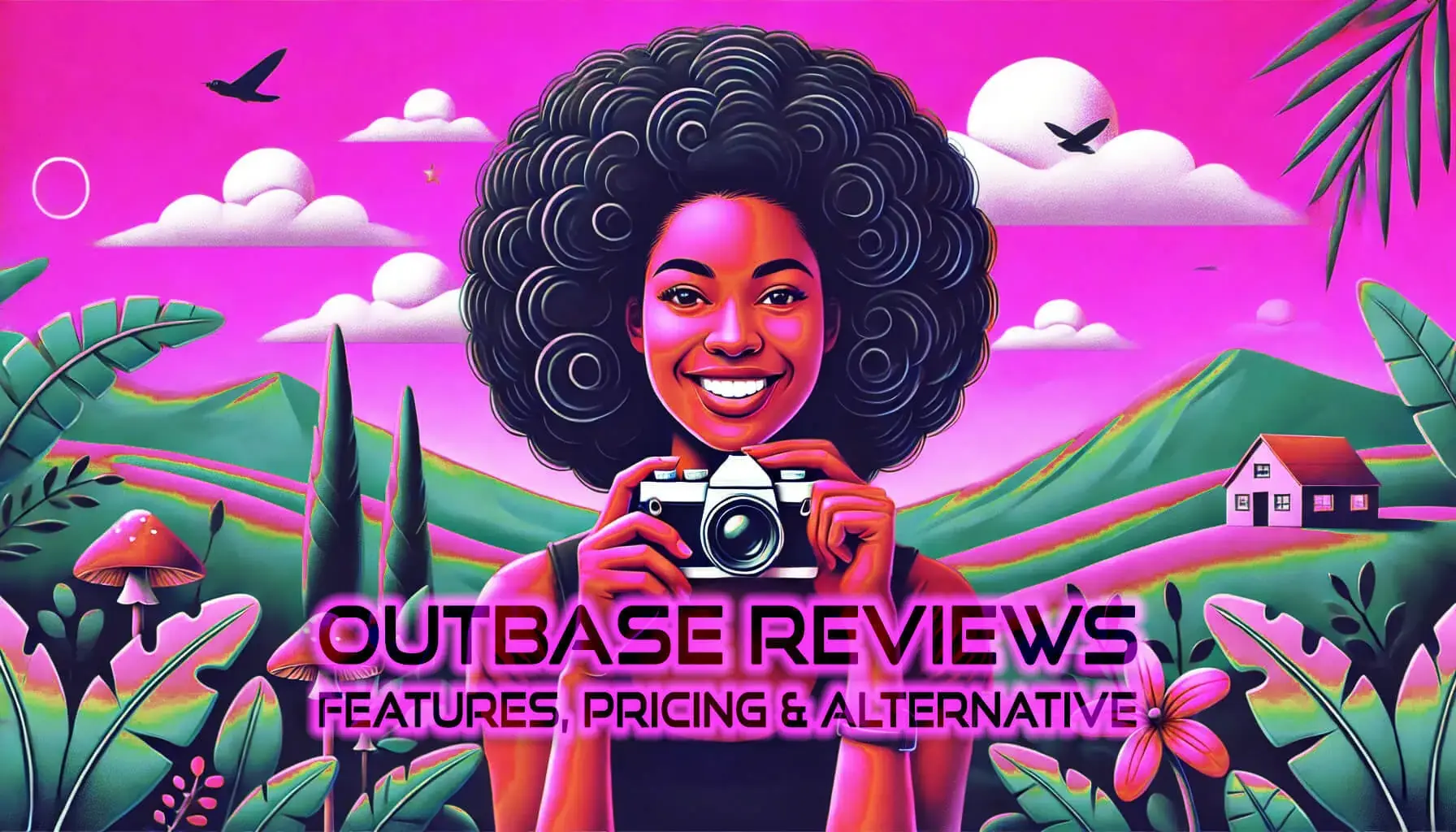 Illustration of a smiling person with curly hair holding a camera against a vibrant landscape with hills, clouds, and birds. The purple and pink color scheme adds a surreal touch. Text reads: Outbase Reviews: Features, Pricing & Alternatives.