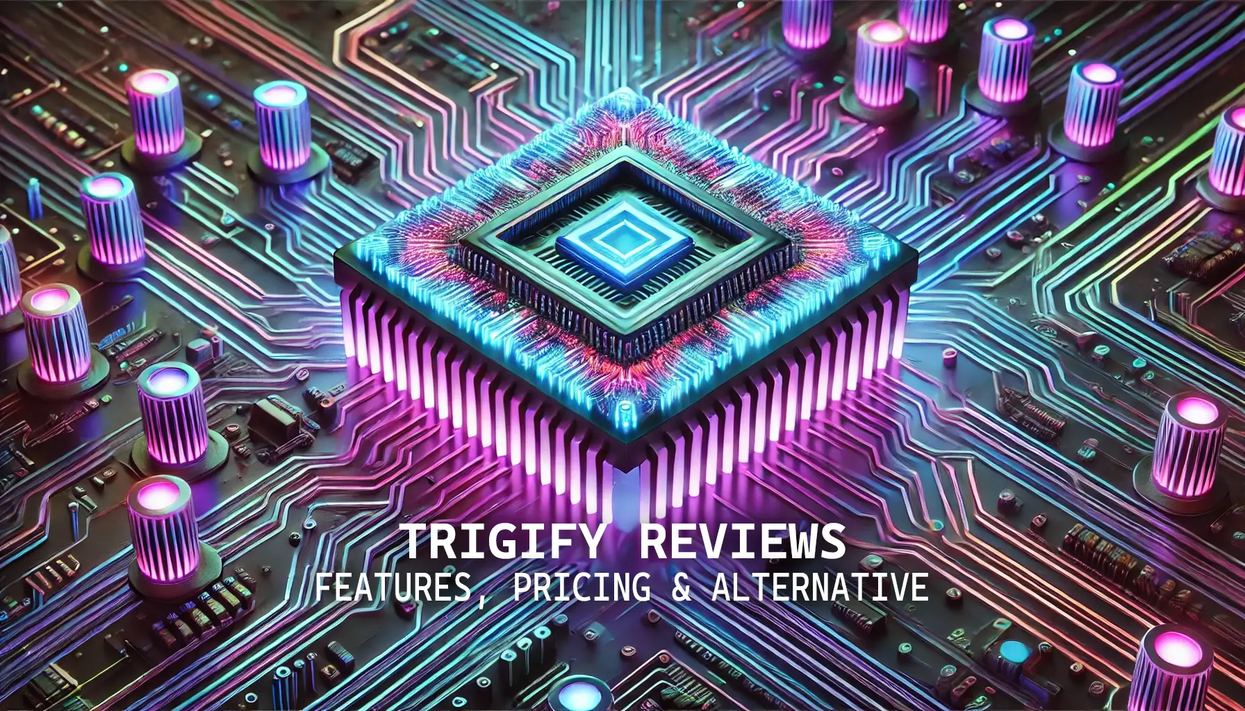 A glowing microchip with intricate circuitry shines in neon blue, pink, and purple. Text overlays read Trigify Reviews: Features, Pricing & Alternative. The background is a complex network of electronic traces and components.