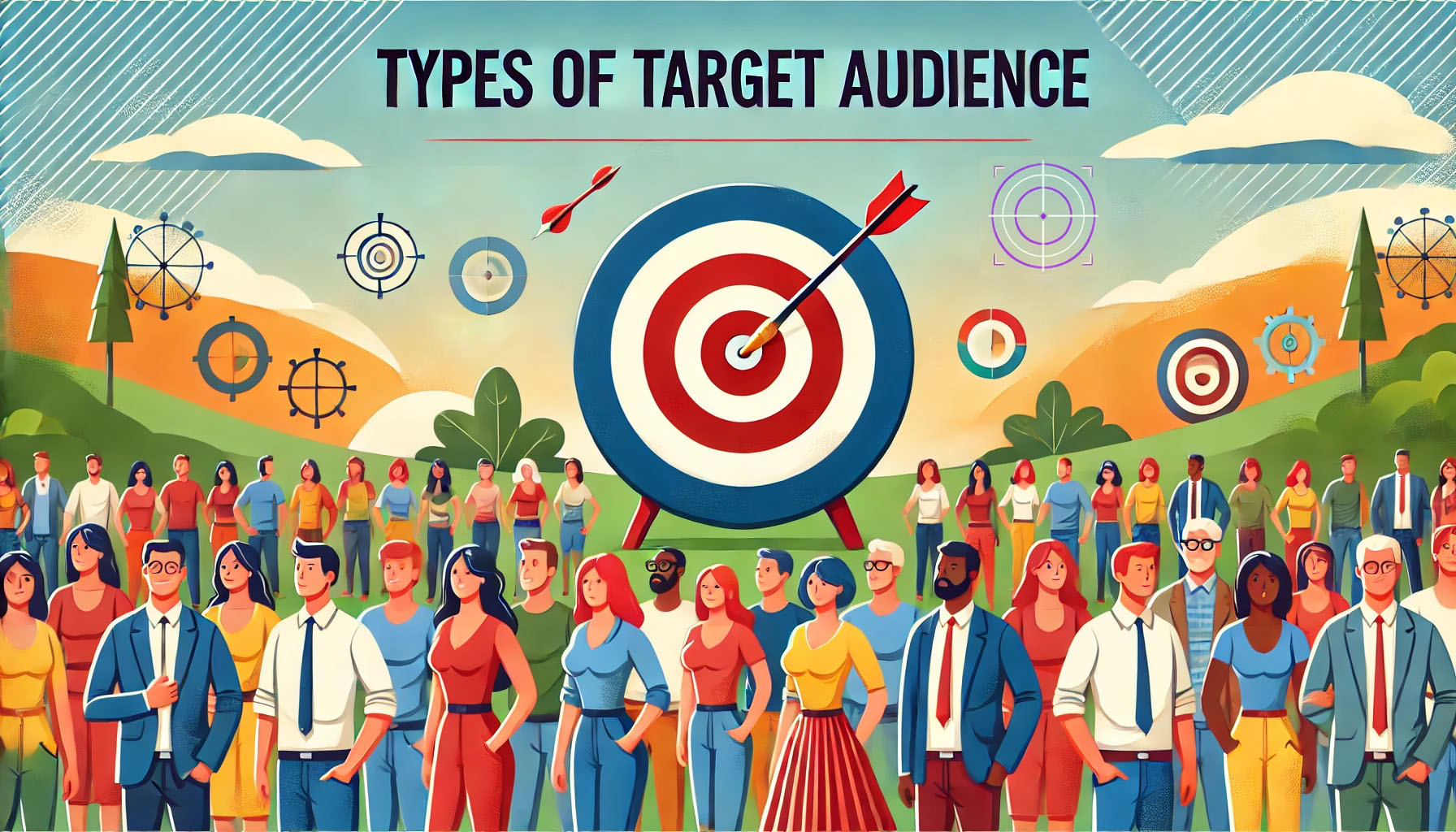 A diverse group of people stands in front of a large target with an arrow in the bullseye. Smaller targets and gears surround them. The text above reads Types of Target Audience, set against a colorful sky and grassy landscape.