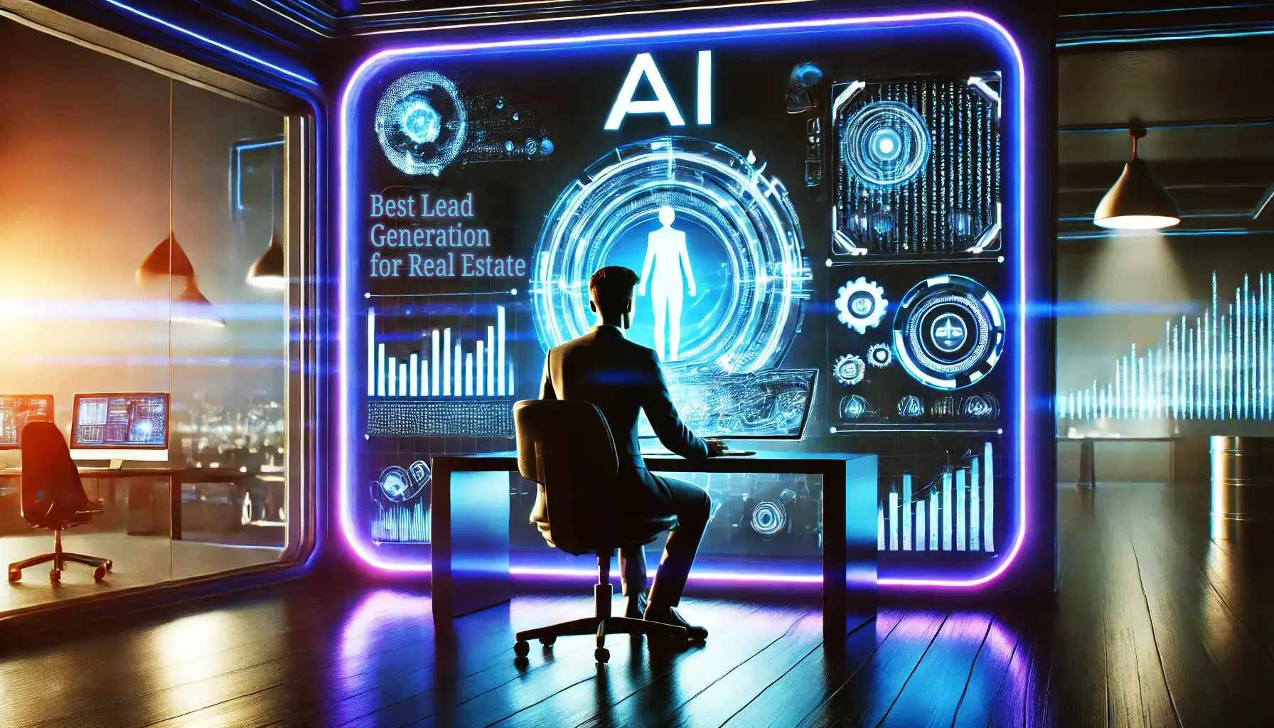 A person sits at a desk in a futuristic room with glowing screens displaying AI and various digital graphics. The text Best Lead Generation for Real Estate is visible. The overall atmosphere is high-tech and modern.