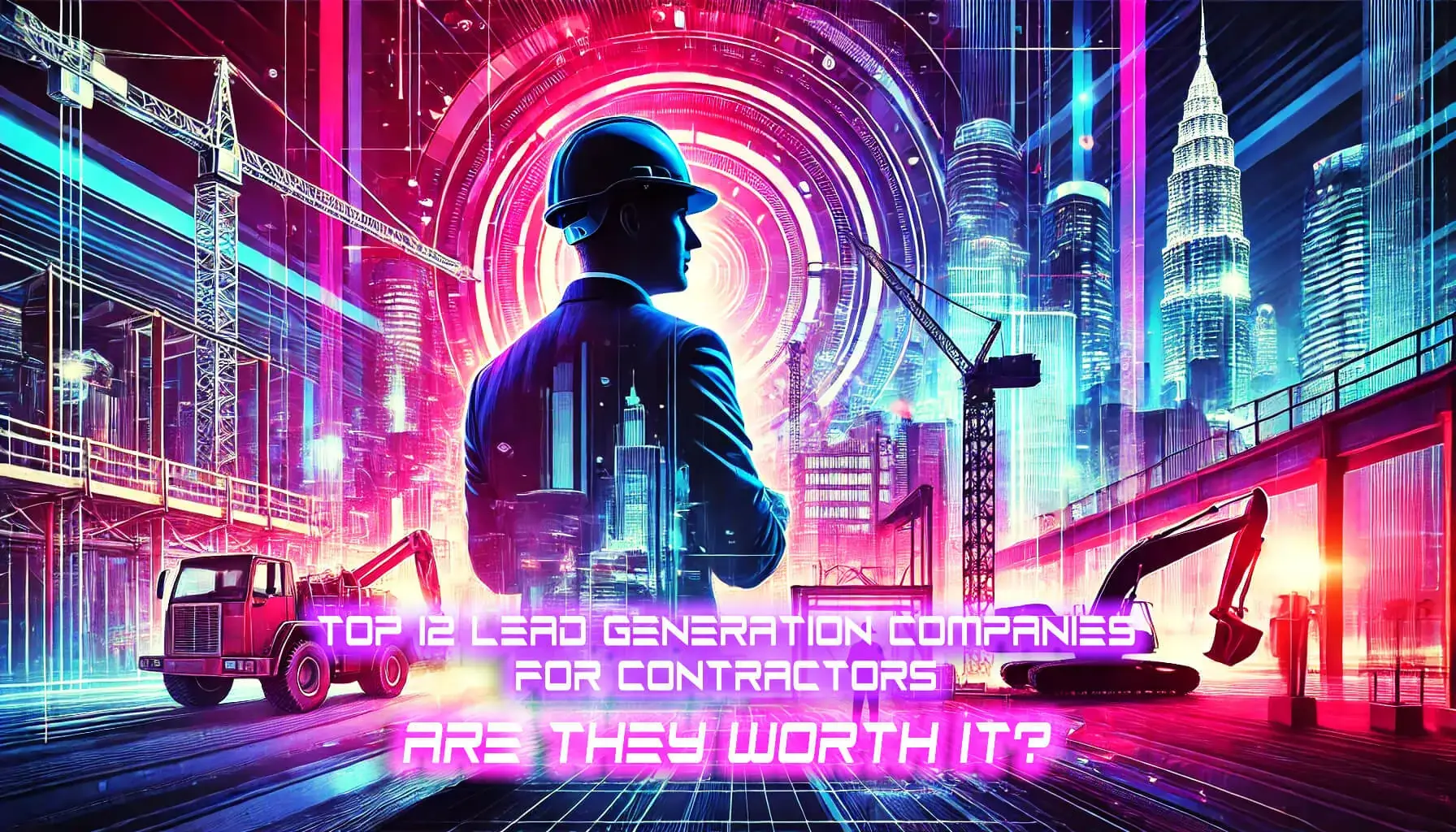 Futuristic cityscape with neon lights and construction cranes. A silhouette of a person wearing a hard hat stands in the center. Text reads: Top 12 Lead Generation Companies for Contractors: Are They Worth It?.