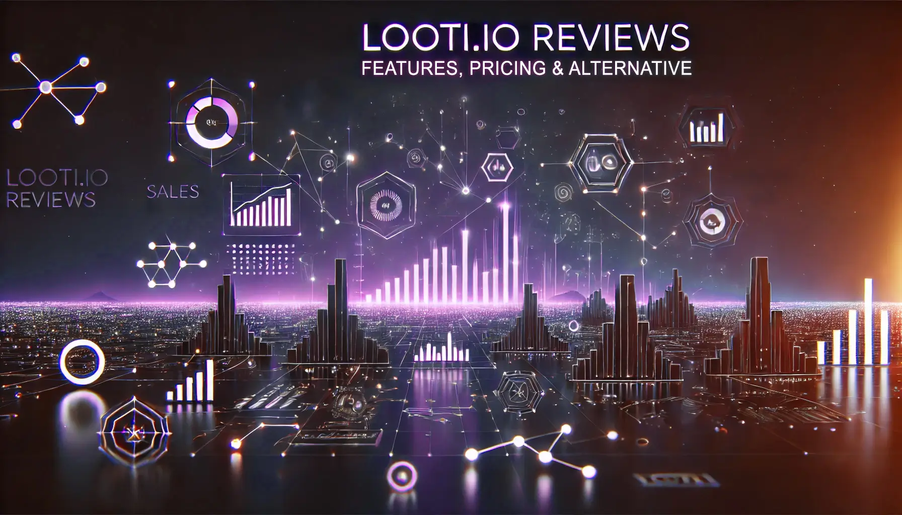 Futuristic cityscape with glowing data charts and graphs overlays. Text reads Looti.io Reviews: Features, Pricing & Alternative. Neon purple and white accents highlight the digital theme.