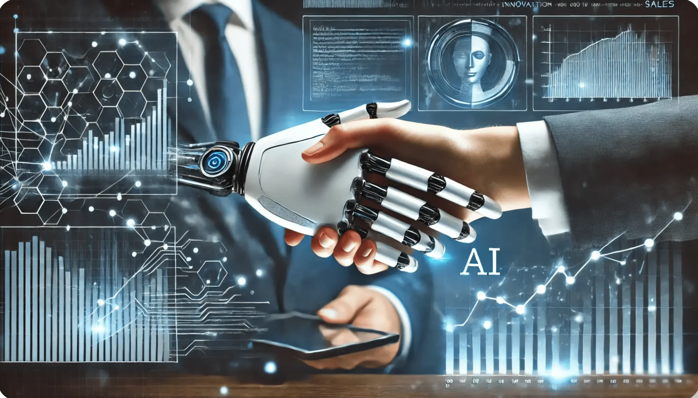 A robotic hand and a human hand shake, symbolizing collaboration between AI and humans. The background features digital graphs, charts, and futuristic technology elements, emphasizing innovation and data.