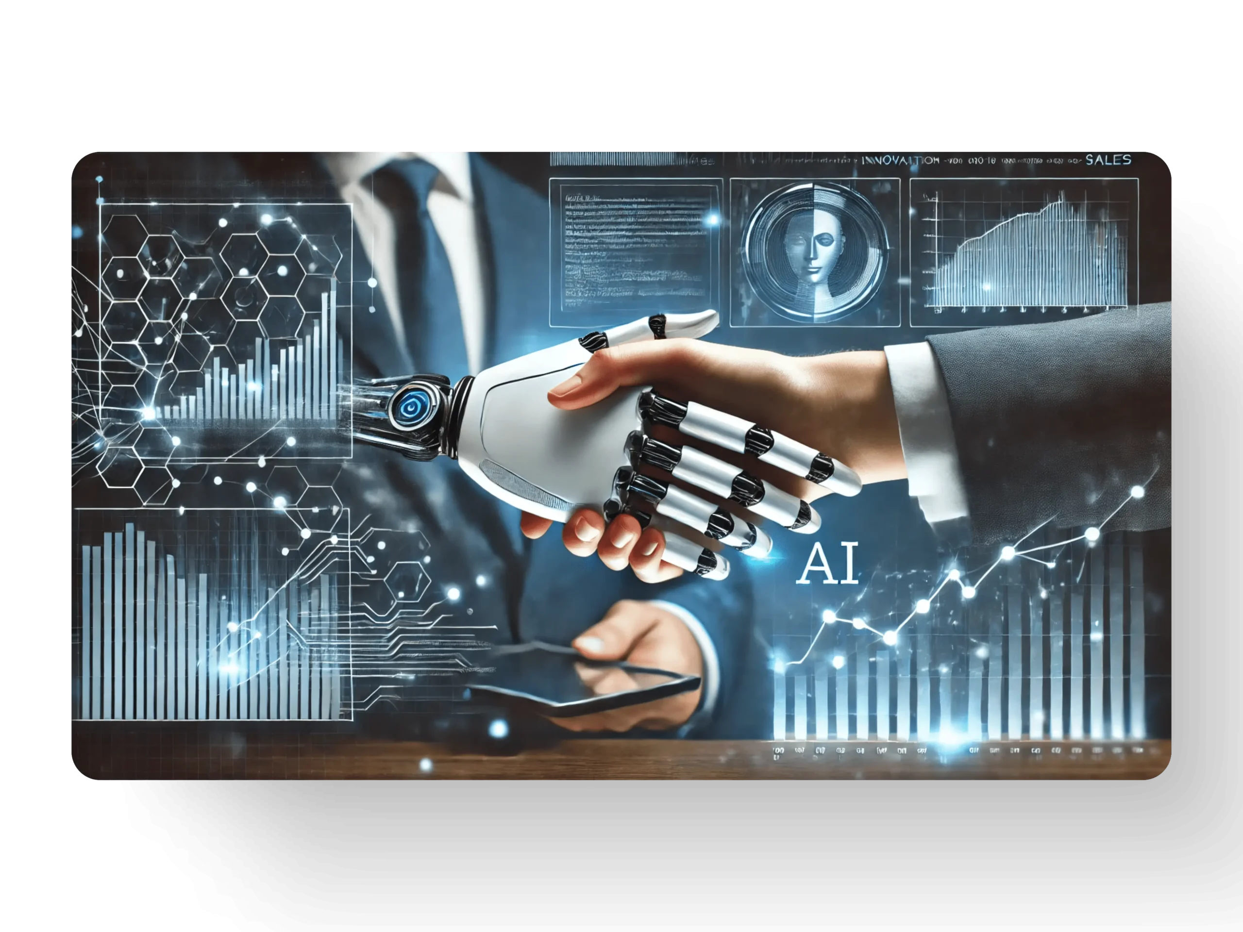 A robotic hand and a human hand shake, symbolizing collaboration between AI and humans. The background features digital graphs, charts, and futuristic technology elements, emphasizing innovation and data.