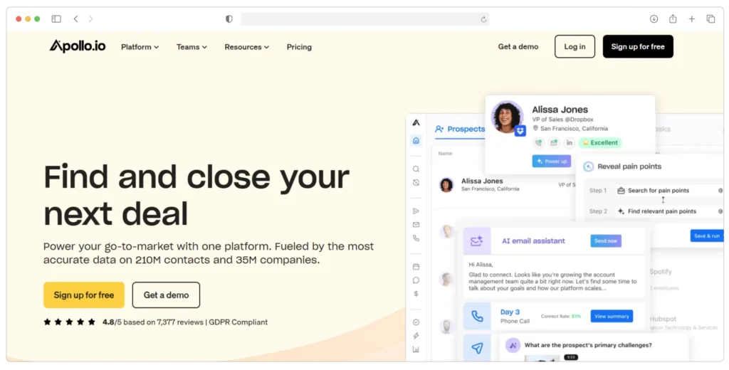 Screenshot of Apollo.io homepage. Text reads “Find and close your next deal.” Includes buttons for “Get a demo” and “Sign up free.” A preview shows a messaging dashboard with a profile named Alissa Jones. Rated 4.8/5 from 3,077 reviews.