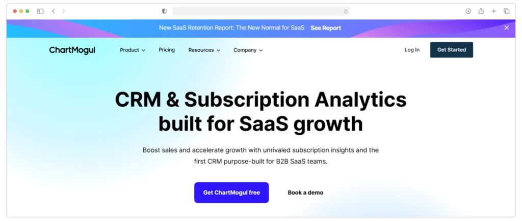 Screenshot of the ChartMogul website homepage. The page features a blue gradient background with the text: CRM & Subscription Analytics built for SaaS growth. There are buttons labeled Get ChartMogul free and Book a demo below the text.