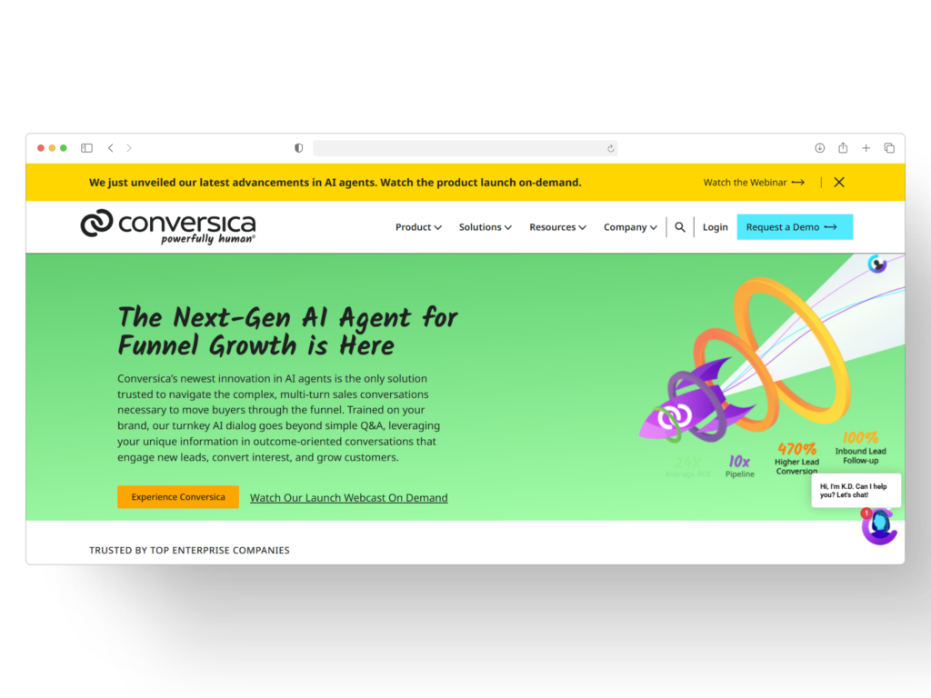 A webpage with a green background promoting Conversicas AI agent for funnel growth. It features a cartoon rocket graphic, text about the AI benefits, and links for demo requests and webinars. The header announces a product launch.