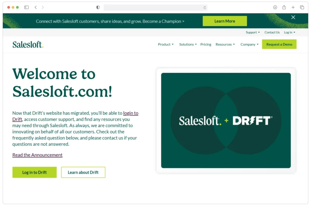 Screenshot of Saleslofts website. Includes message about Drifts website migration and features a Log in to Drift and a Learn about Drift button. Theres a branding image with overlapping circles showing Salesloft and Drift logos.