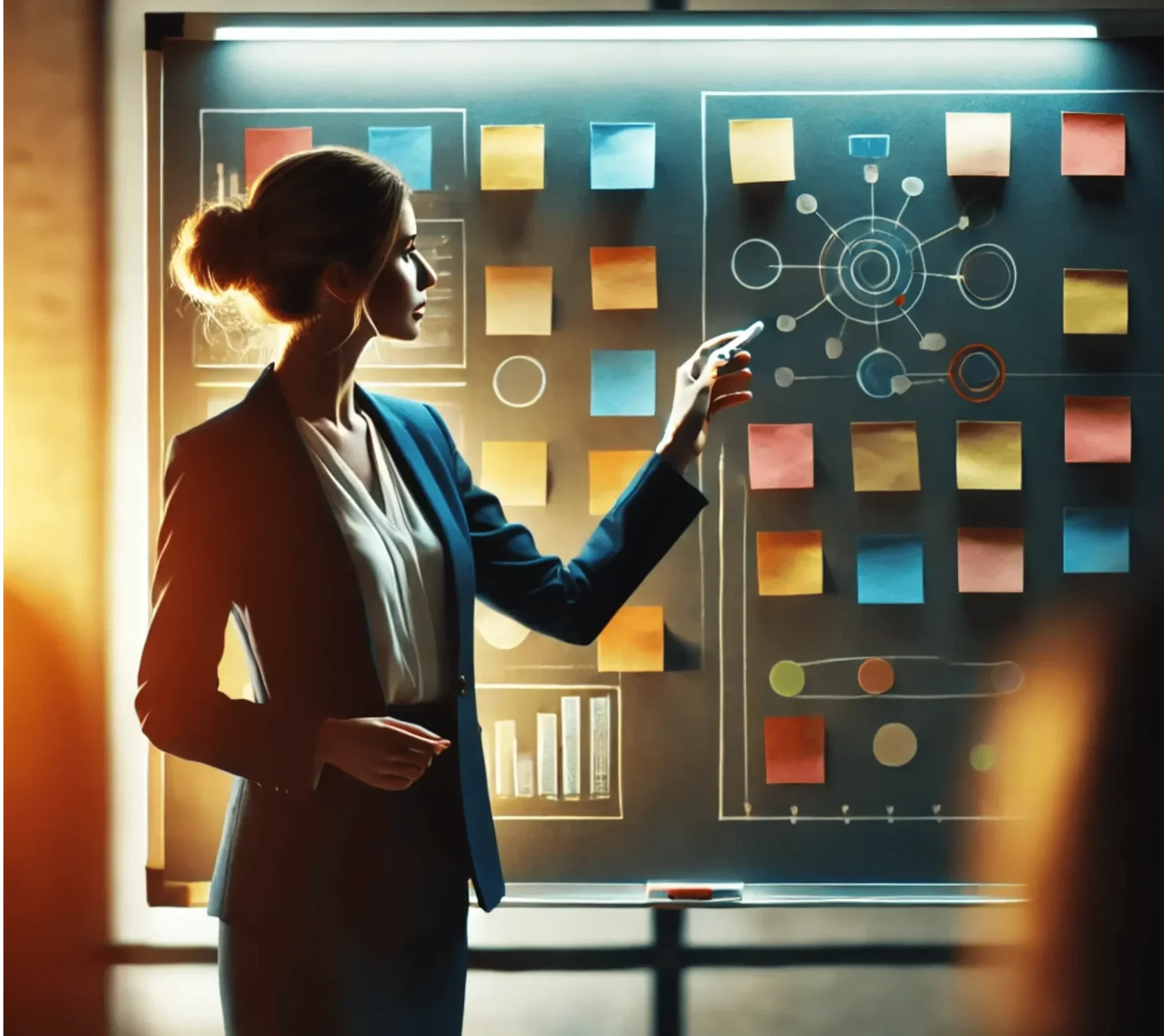 A woman in a suit stands in front of a large blackboard, pointing at various colorful sticky notes and diagrams. The board is backlit, highlighting organizational charts and analytical graphics. She appears to be presenting or brainstorming ideas.