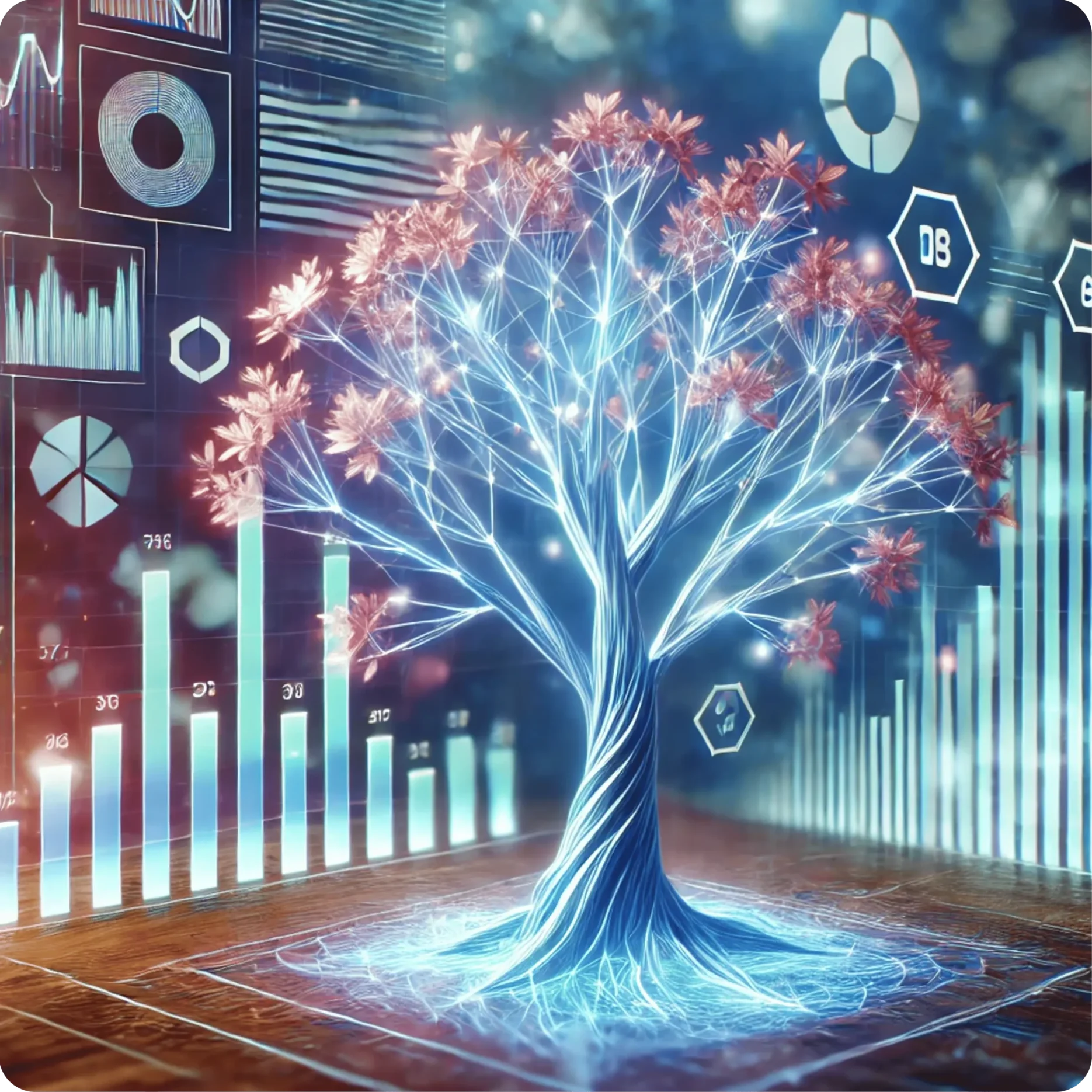 A glowing digital tree with colorful branches and roots is surrounded by various charts and graphs, including bar graphs and pie charts, set against a futuristic, holographic background.