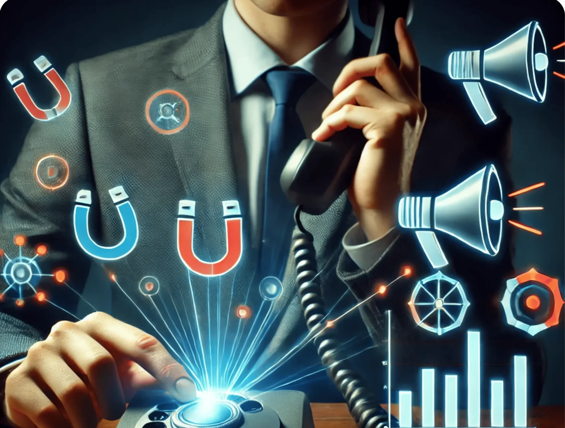 A person in a suit uses a rotary phone with digital elements like graphs, magnets, and megaphones emanating from the dial. These icons symbolize communication, marketing strategies, and data analysis.