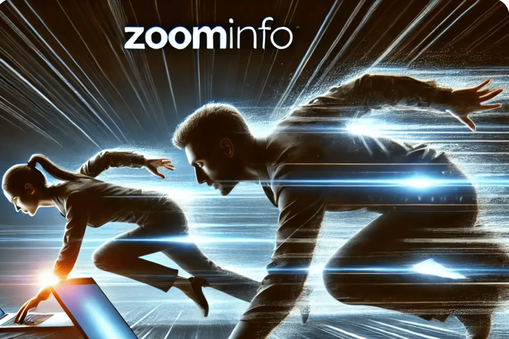 A man and a woman in dynamic poses appear to leap out of a screen filled with streaks of light, symbolizing speed and digital connectivity. Theyre both focused on a laptop, with light trails suggesting rapid data transfer. The Zoom Info logo is at the top.