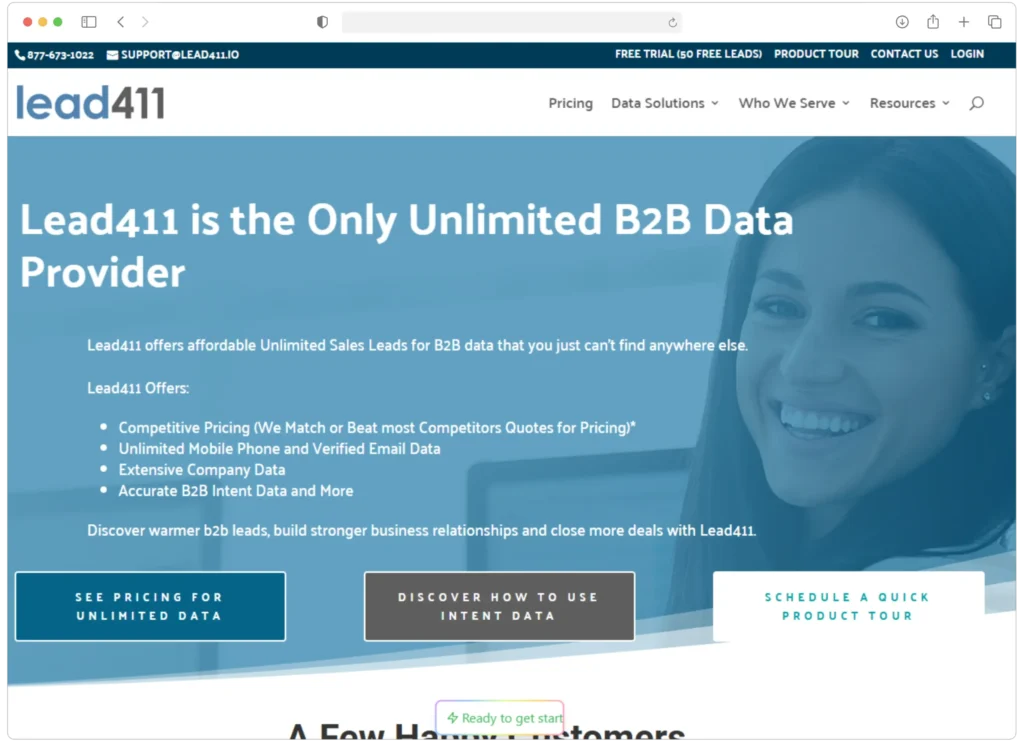 Screenshot of Lead411s homepage highlighting their B2B data services, emphasizing unlimited sales leads. The page includes a blue and white color scheme with buttons for pricing and product tours. The header image partially shows a smiling person.