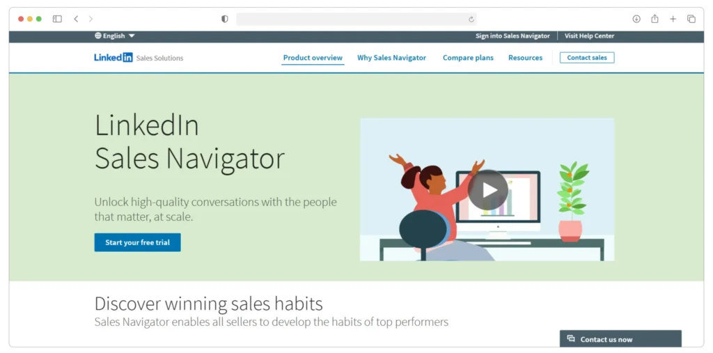 Screenshot of LinkedIn Sales Navigator webpage featuring a woman at a desk raising her arms. Text highlights starting a free trial and discovering winning sales habits. Contact button at bottom right.