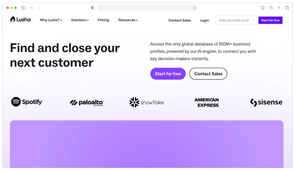 Screenshot of the Lusha homepage displaying a tagline Find and close your next customer with logos of companies like Spotify, Palo Alto, Snowflake, American Express, and Sisense. Includes Start for free and Contact Sales buttons.