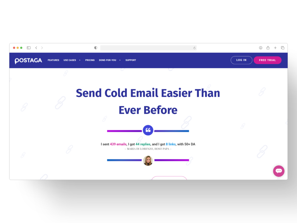 Screenshot of the Postaga website featuring the headline Send Cold Email Easier Than Ever Before, a testimonial about sending 429 emails with successful replies, and options for logging in and starting a free trial.