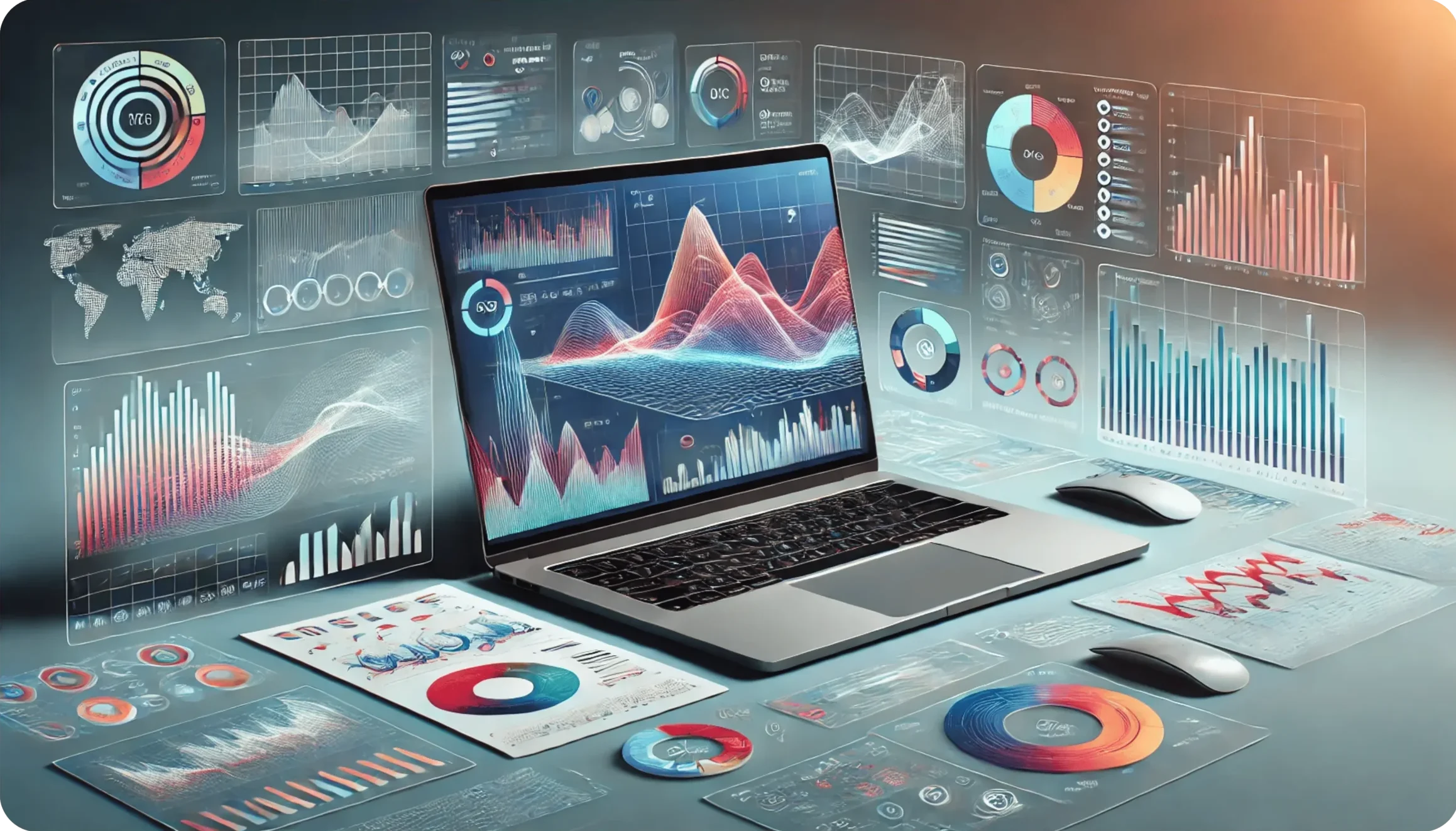 A laptop on a desk displays complex data visualizations, including graphs and charts with red and blue tones. Surrounding the laptop are more data graphics projected in the air, creating a futuristic analytics environment.