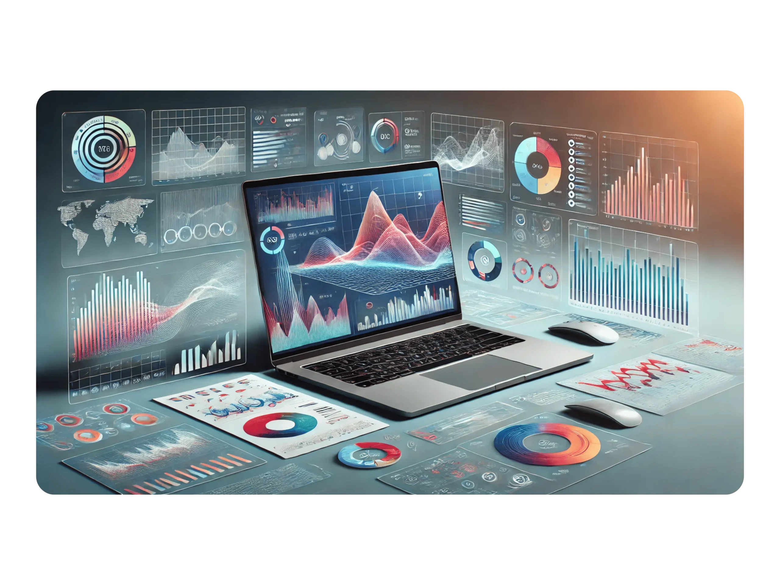 A laptop on a desk displays complex data visualizations, including graphs and charts with red and blue tones. Surrounding the laptop are more data graphics projected in the air, creating a futuristic analytics environment.