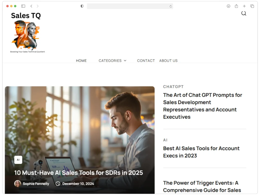 A webpage from Sales TQ displaying articles on AI sales tools. The main image shows a person working on a laptop. Article titles include AI Sales Tools for SDRs in 2025 and Best AI Sales Tools for Account Execs in 2023.