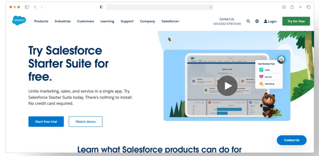 Salesforce website showing the Try Salesforce Starter Suite for free page. Features include Start for free and Watch demo buttons, video thumbnail of the app interface, and cartoon character on the right.