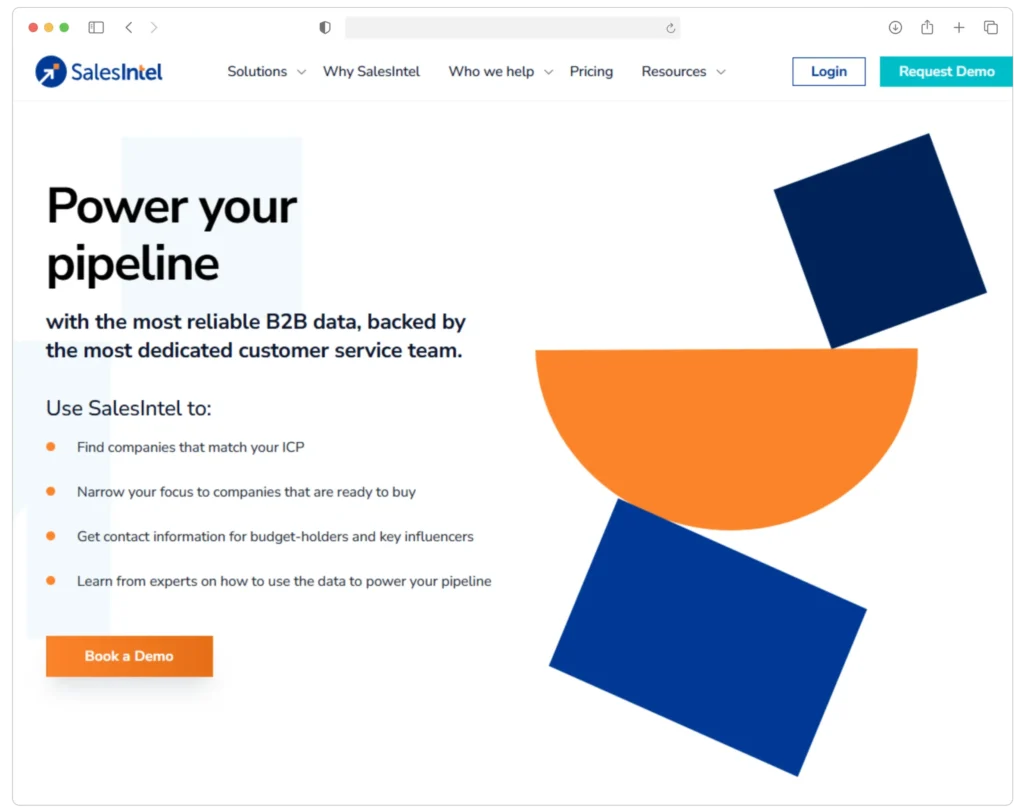 Website homepage for SalesIntel, featuring the text Power your pipeline and Use SalesIntel to: Find companies that match your ICP.... Includes a Book a Demo button and abstract geometric shapes in blue and orange on a white background.