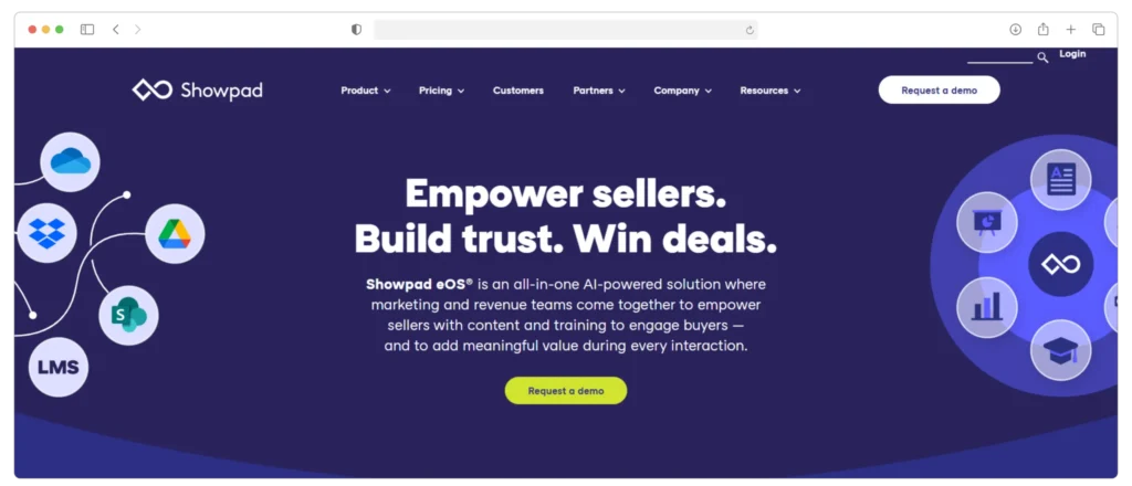 Screenshot of the Showpad website homepage. The header text says, Empower sellers. Build trust. Win deals. There are icons for various applications, a Request a demo button, and navigation links for product, pricing, partners, and resources.