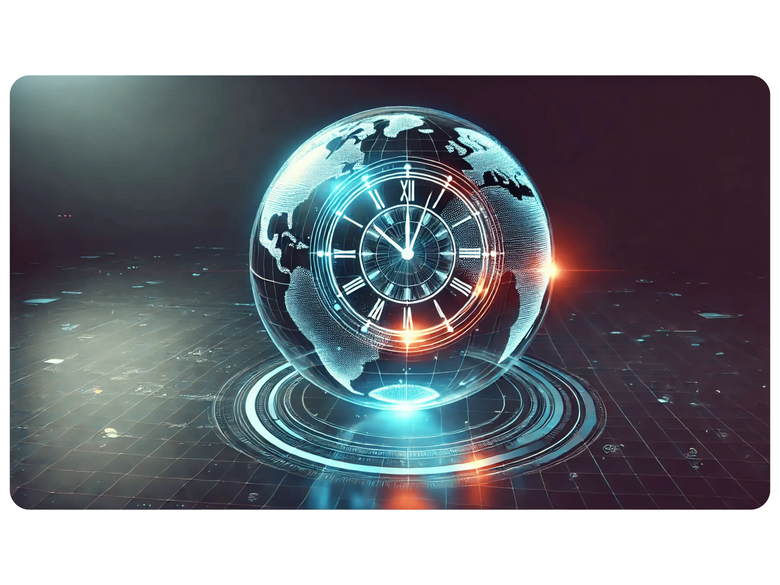 A digital globe with continents is embedded with a glowing clock face displaying Roman numerals. The sphere hovers over a futuristic grid pattern, casting a neon blue and orange light, suggesting a theme of global time and technology.