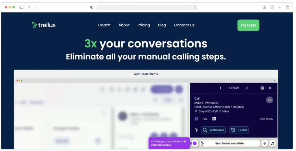 Screenshot of a web application interface with a header saying 3x your conversations. Eliminate all your manual calling steps. The interface includes blurred sections and a sidebar showing a call panel with options for dialing and managing calls.