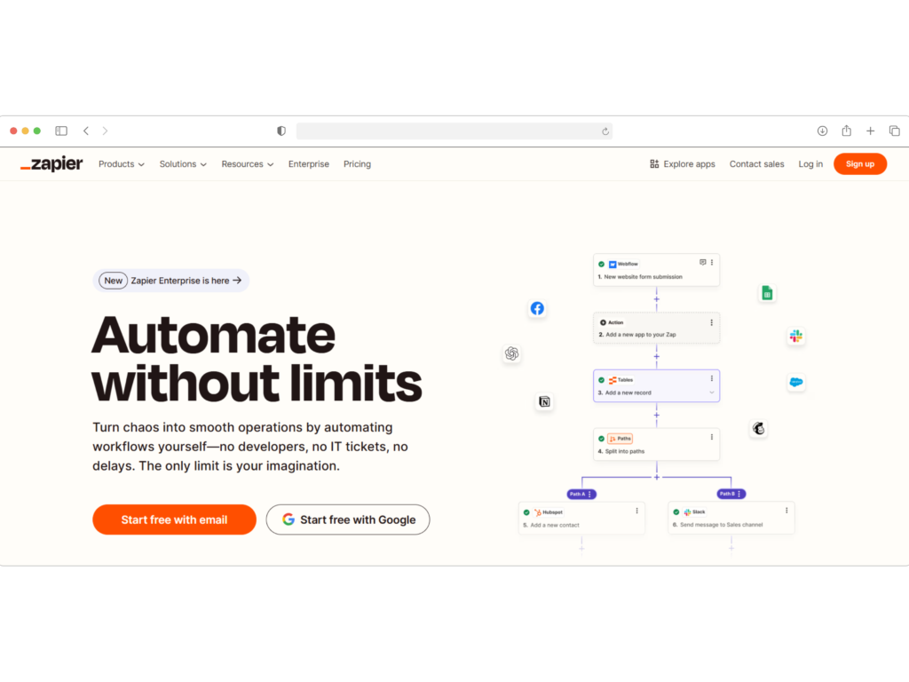 Screenshot of Zapiers homepage showing the headline Automate without limits with a flowchart diagram to the right. The site features a menu bar, search bar, and options to start for free using email or Google.