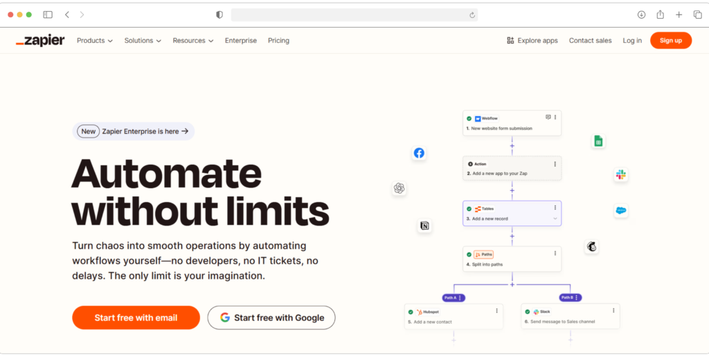 Screenshot of Zapiers homepage showing the headline Automate without limits with a flowchart diagram to the right. The site features a menu bar, search bar, and options to start for free using email or Google.