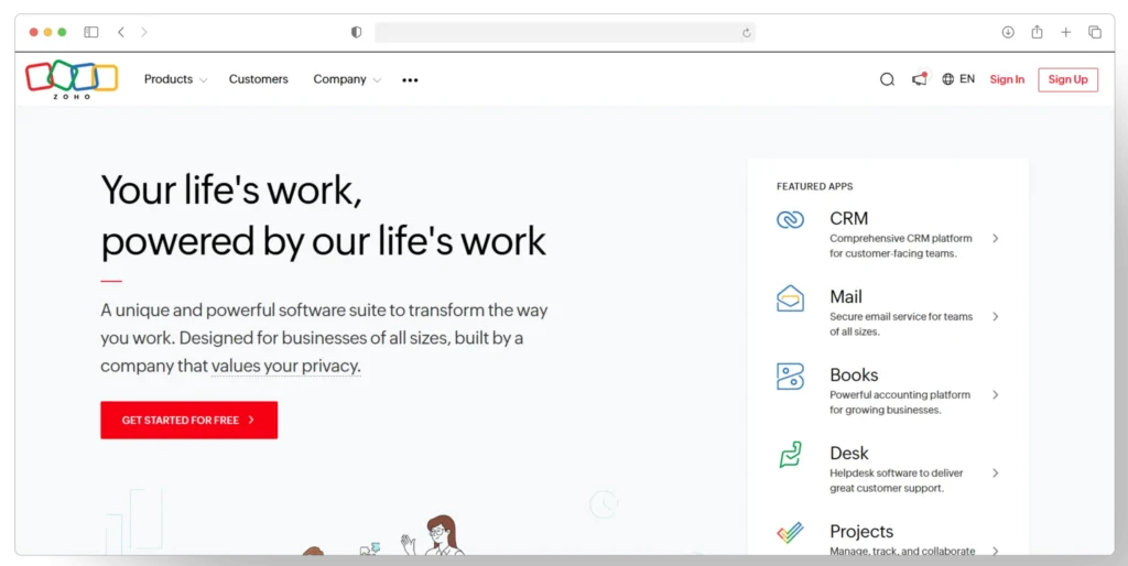 Screenshot of a website homepage with a slogan Your lifes work, powered by our lifes work. Features a red button labeled Get Started for Free, a navigation bar, and a list of featured apps like CRM, Mail, Books, Desk, and Projects.