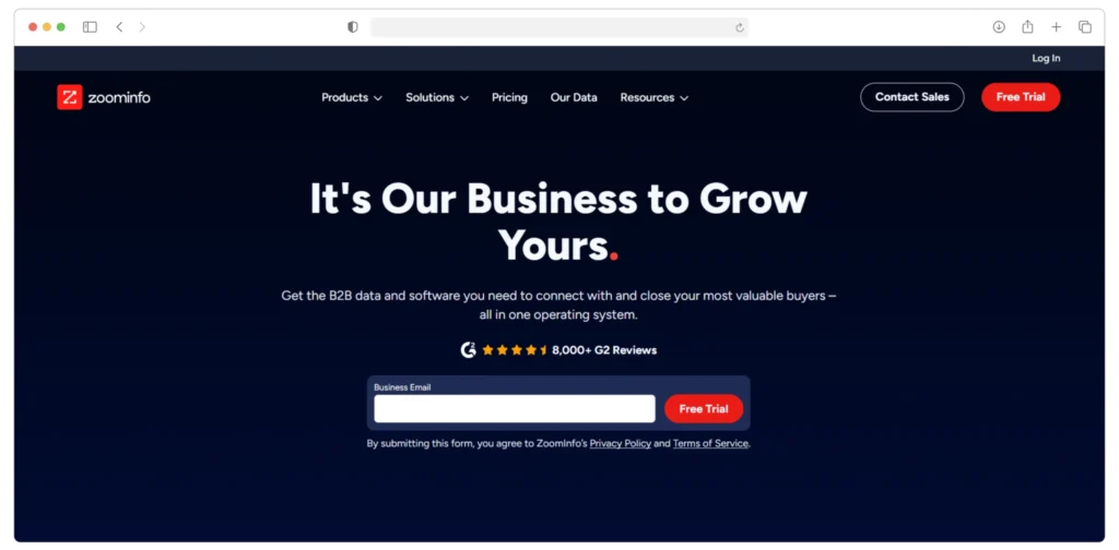 Screenshot of ZoomInfos homepage featuring a navigation bar with options like Products, Solutions, and Support. The main text reads Its Our Business to Grow Yours, with a call to action for a free trial and client reviews below.