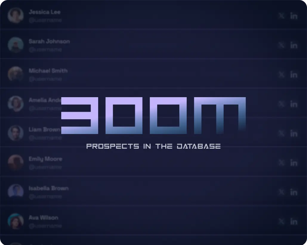 A digital display with blurry background names shows 300M PROSPECTS IN THE DATABASE in large, bold letters, emphasizing a vast number of entries.