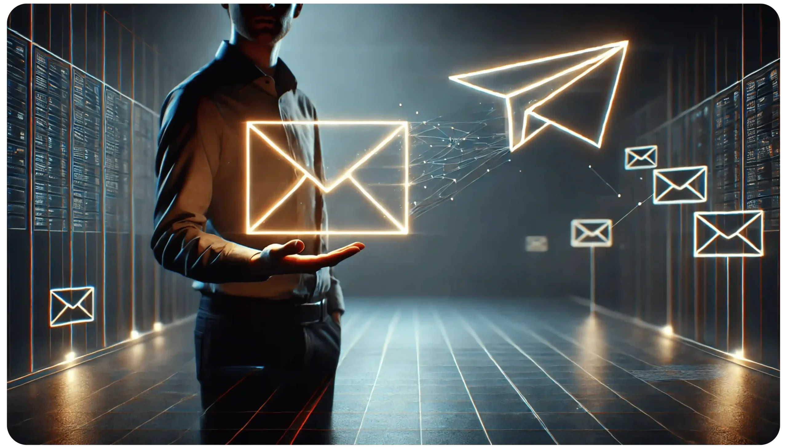 A person in a dimly lit room with bright digital icons of envelopes and a paper airplane. They gesture towards the icons, representing email or digital communication, with a futuristic vibe and lines connecting the symbols.