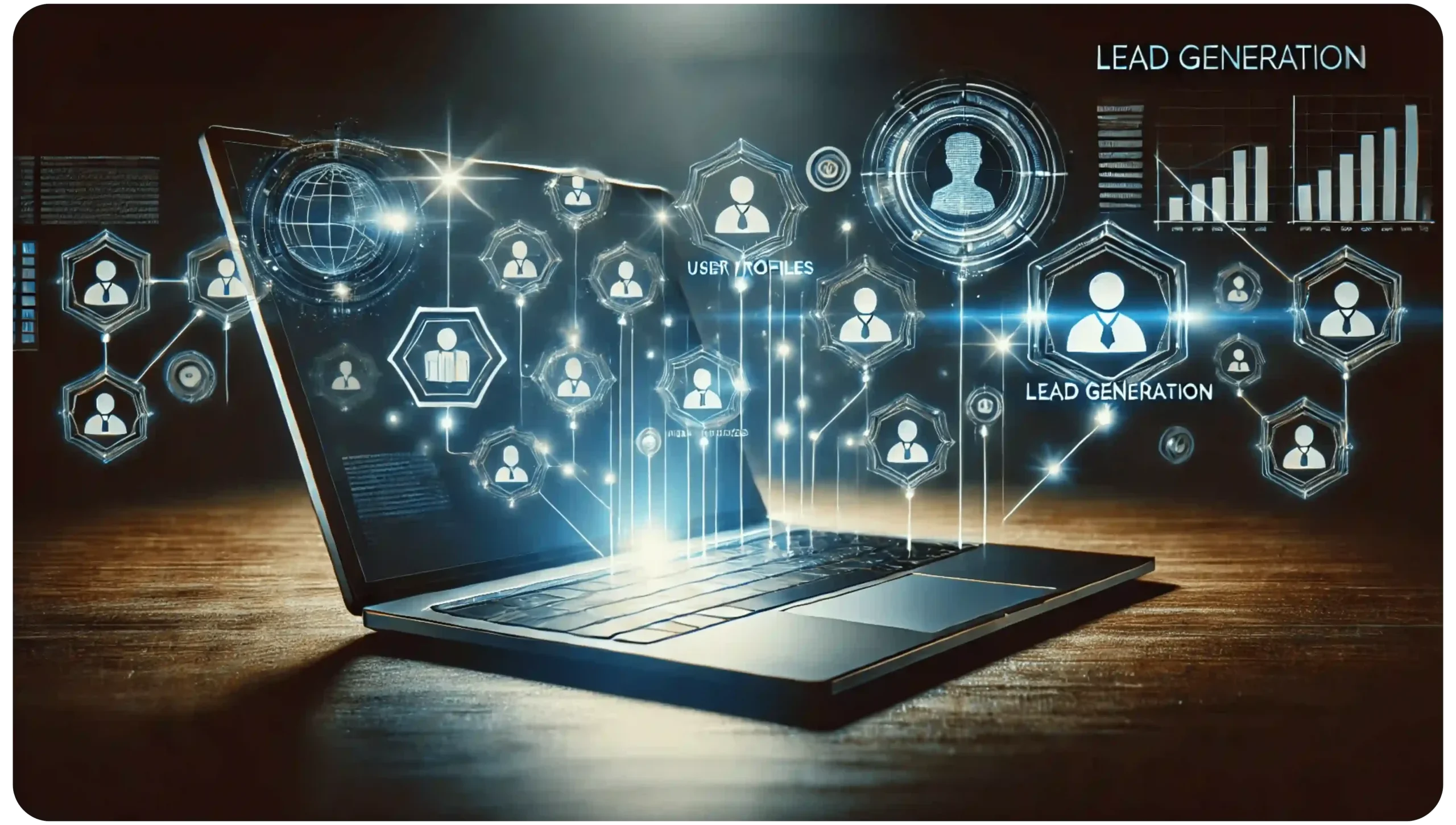 A glowing laptop emits digital holograms featuring icons of people, graphs, and the words Lead Generation and User Profiles. The scene represents a futuristic concept of data analytics and digital marketing.