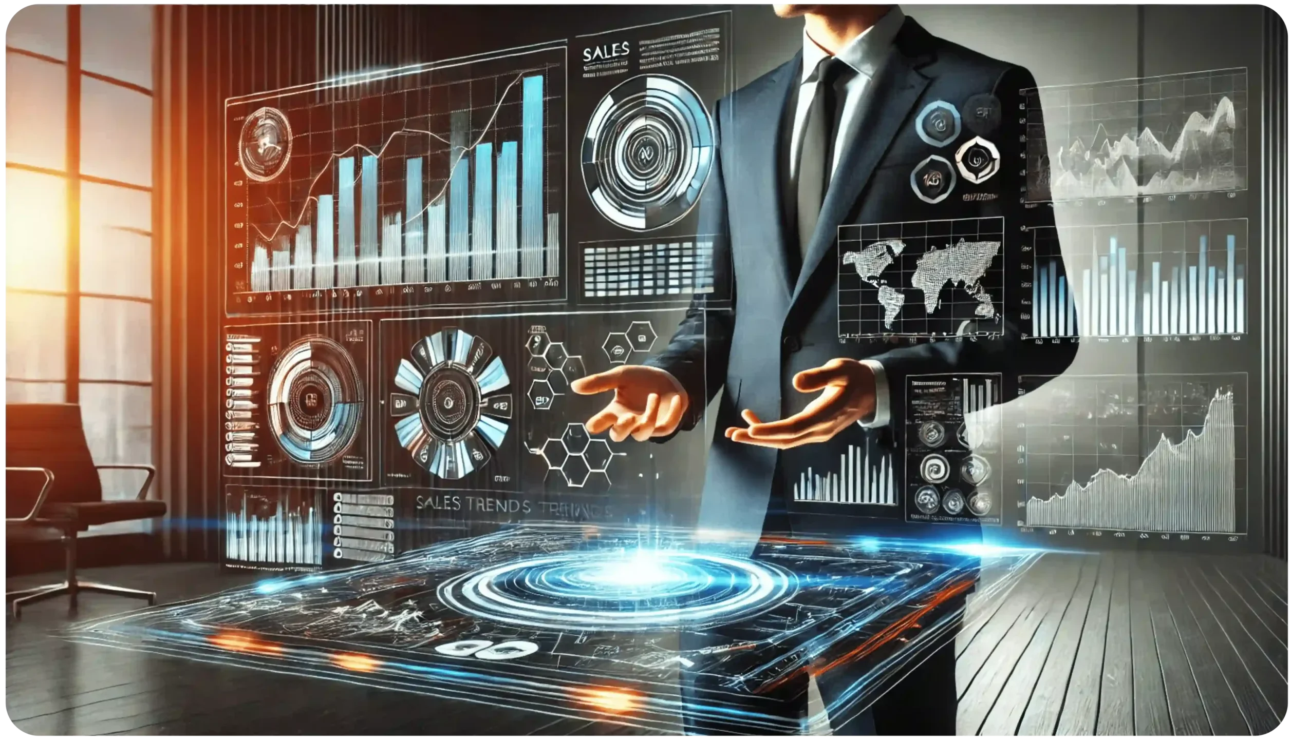 A person in a suit stands with floating holographic charts and graphs, including a world map, bar graphs, and circular diagrams. The futuristic setting suggests data analysis or business trends.