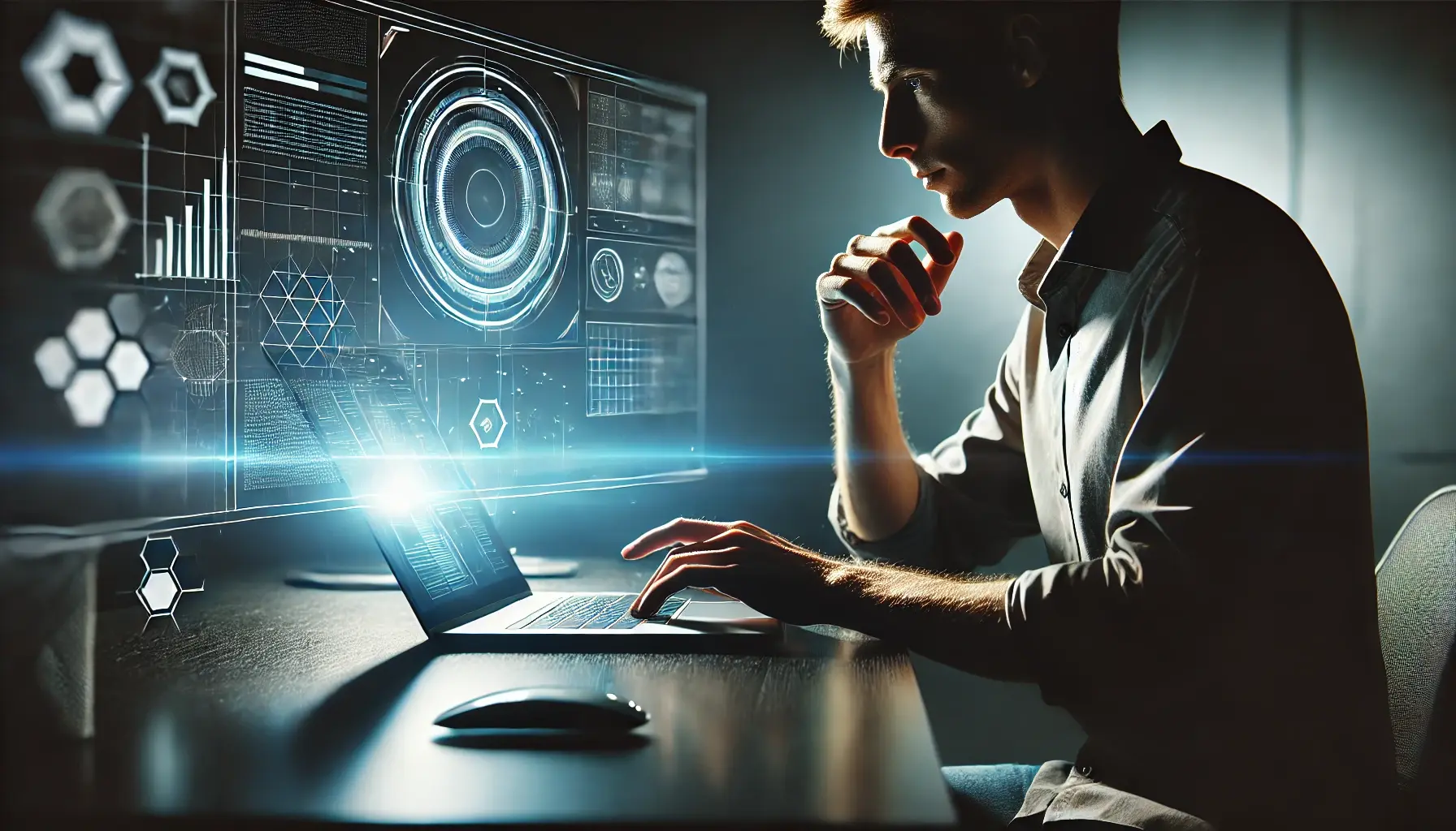 A person sits at a desk, using a laptop, with a large digital interface displaying futuristic graphics in front of them. The scene is illuminated by a blue glow from the screen, creating a tech-focused atmosphere.