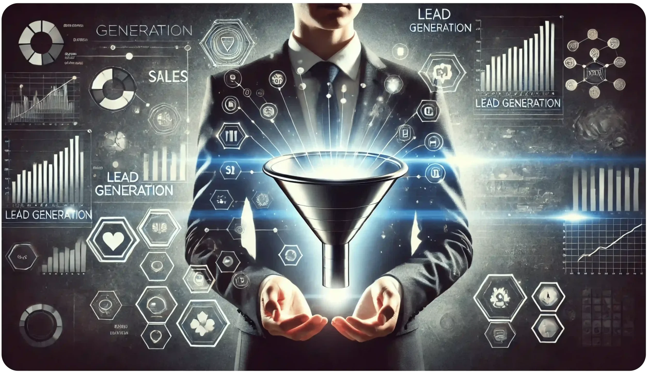 A person in a suit holds a glowing funnel with digital elements and icons surrounding them, illustrating concepts like lead generation, sales, and technology. Graphs and hexagonal patterns emphasize data and connectivity.