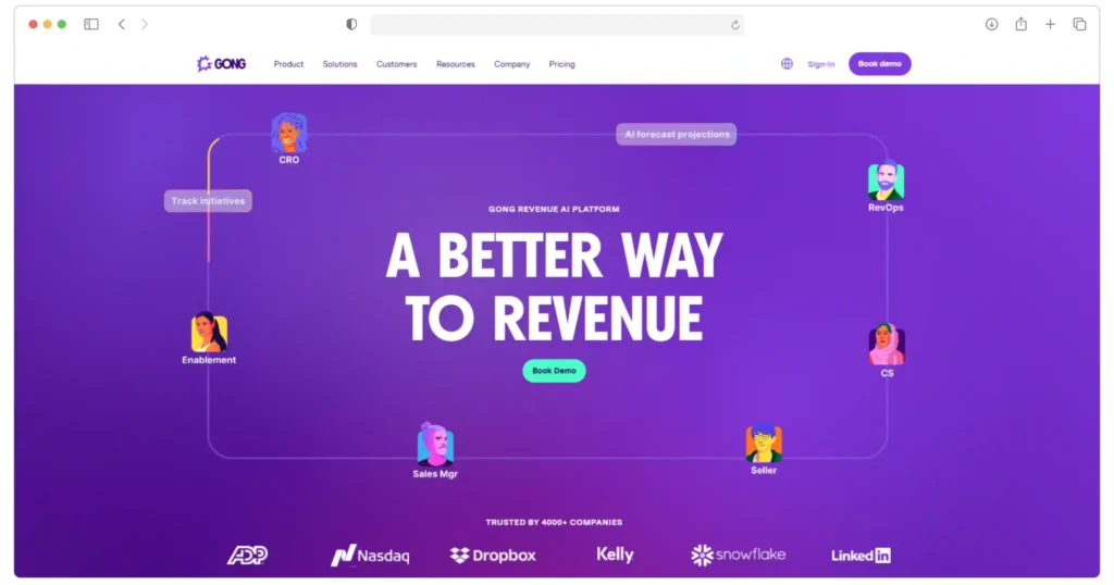 Website homepage with a purple background. Central text reads A Better Way to Revenue with a Book Demo button below. Around the text are illustrations of professionals labeled with roles like CEO, RevOps, and Sales Rep. Logos at the bottom include Nasdaq and LinkedIn.