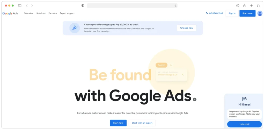 Screenshot of a Google Ads webpage. The header shows navigation options and a user icon. A banner offers $500 in ad credits. The main text reads Be found with Google Ads. Buttons for Start now and Start with an expert are visible.