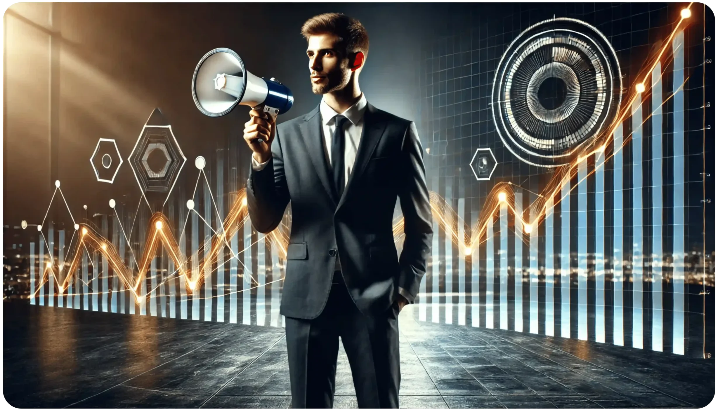 A man in a suit holds a megaphone, standing in front of a digital backdrop with rising graphs and futuristic circular interfaces, symbolizing growth and communication in a modern business context.