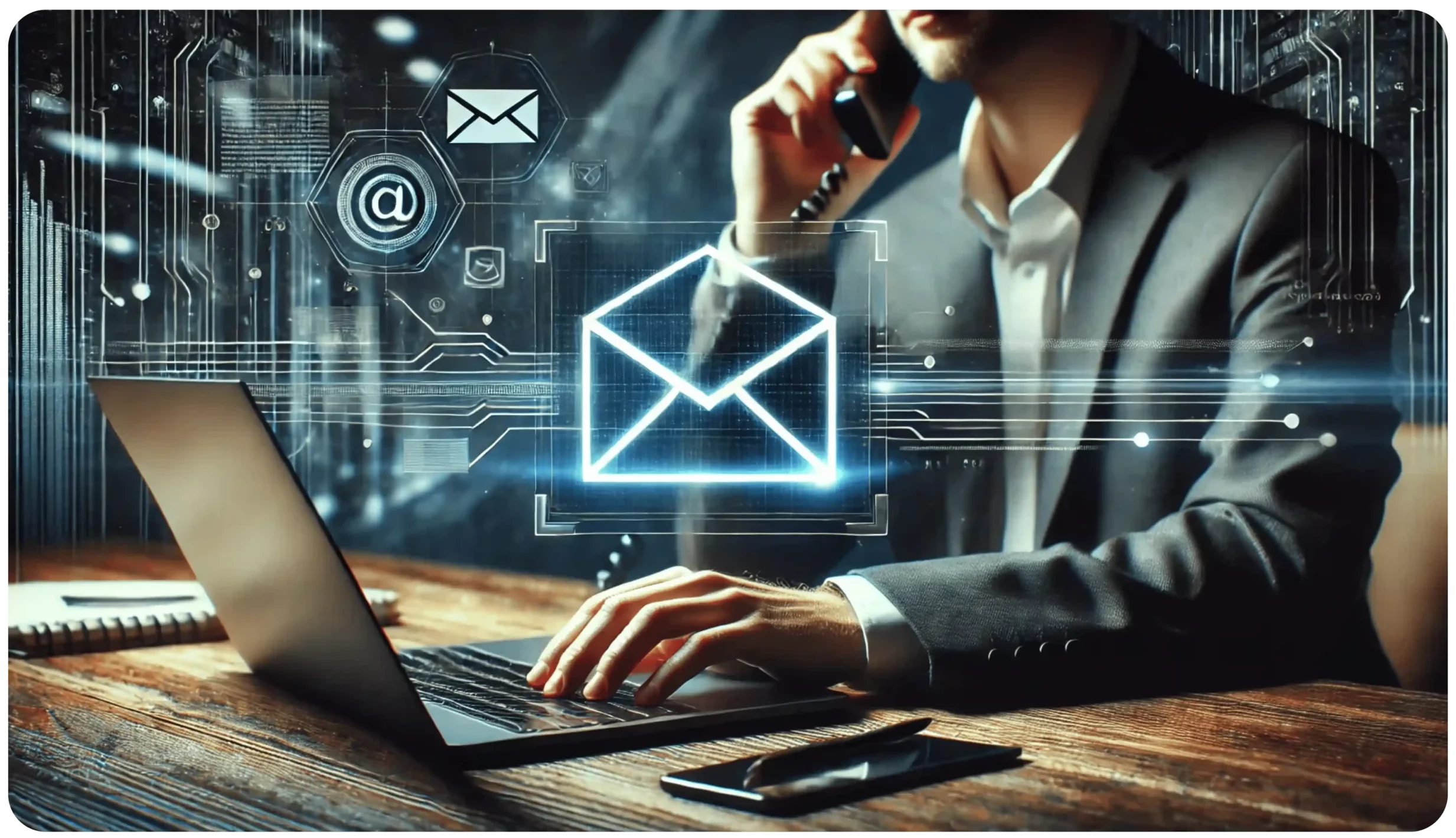 A person in a suit sits at a wooden desk using a laptop. They are on the phone, surrounded by digital icons representing email and communication. The scene conveys a theme of connectivity and technology.