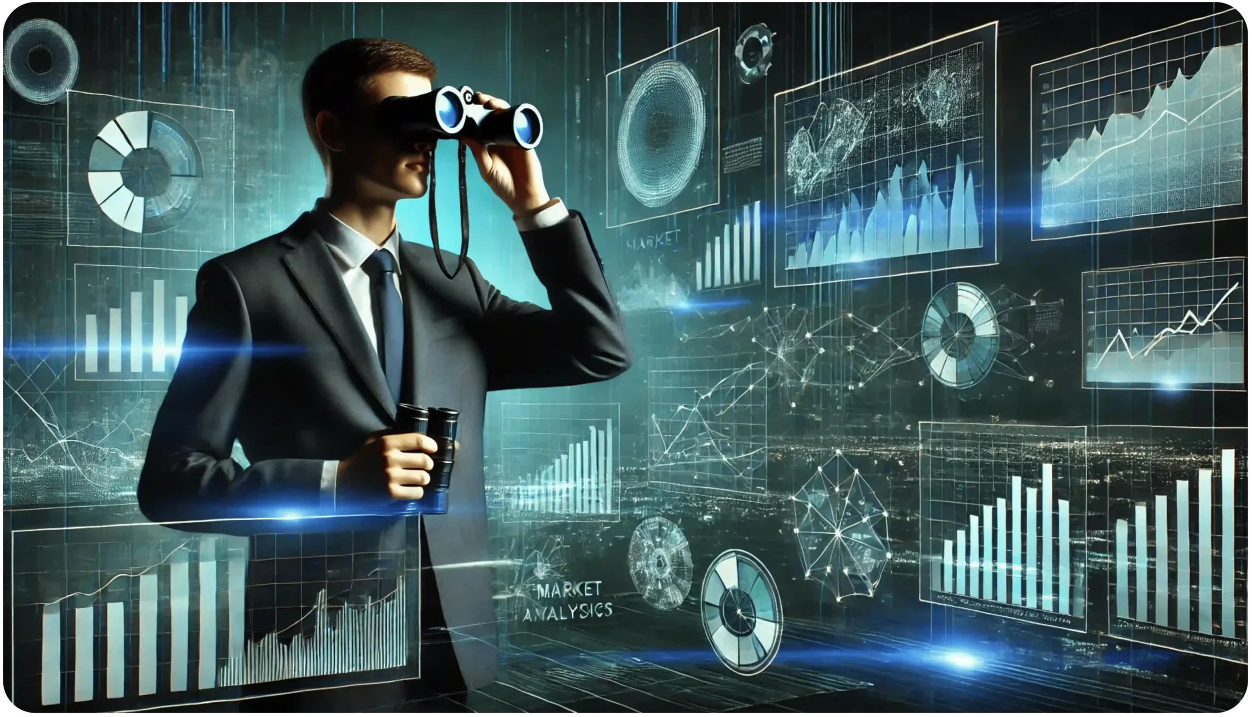 A person in a suit looks through binoculars surrounded by floating digital graphs and charts. The background displays various data visualizations and futuristic holographic interfaces, suggesting a focus on market analysis and technology.