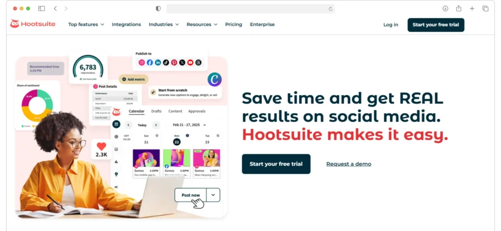 A person in a yellow blouse uses a laptop, surrounded by social media icons and statistics. Text reads: Save time and get REAL results on social media. Hootsuite makes it easy. Logos of JetBlue, University of Chicago, Adobe, U-Haul, Visa, and IKEA are below.