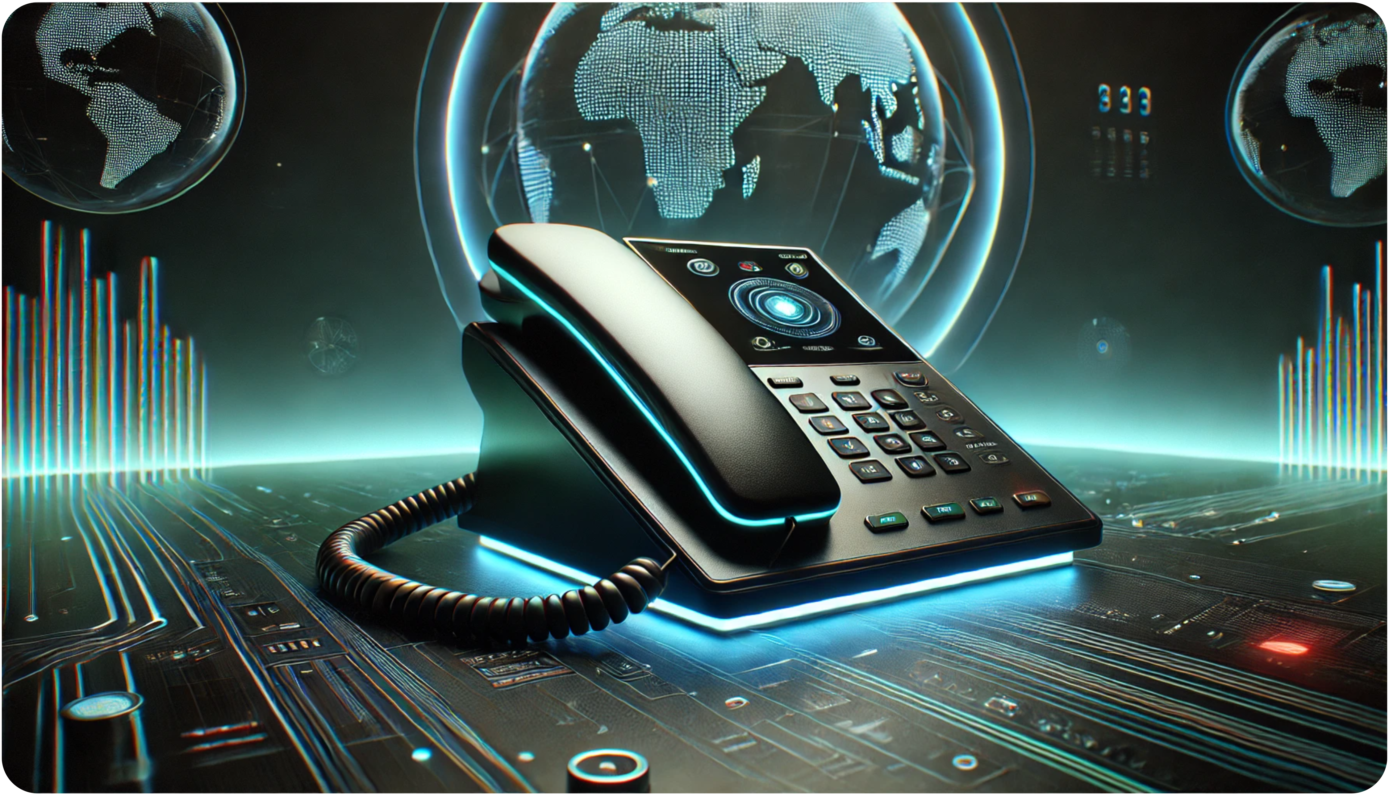 A futuristic landline phone with glowing blue accents is placed on a high-tech digital surface. Background features holographic world maps and digital data elements, creating a sci-fi atmosphere.