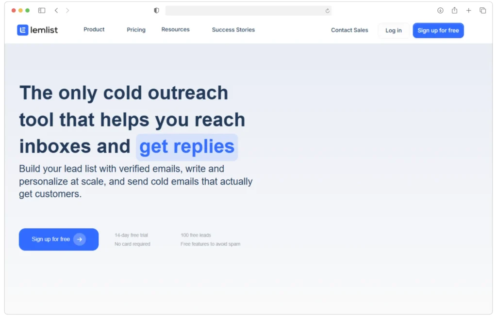 Screenshot of the Lemlist website highlights the text: The only cold outreach tool that helps you reach inboxes and get replies. A Sign up for free button is visible, offering a 14-day trial with no credit card required.