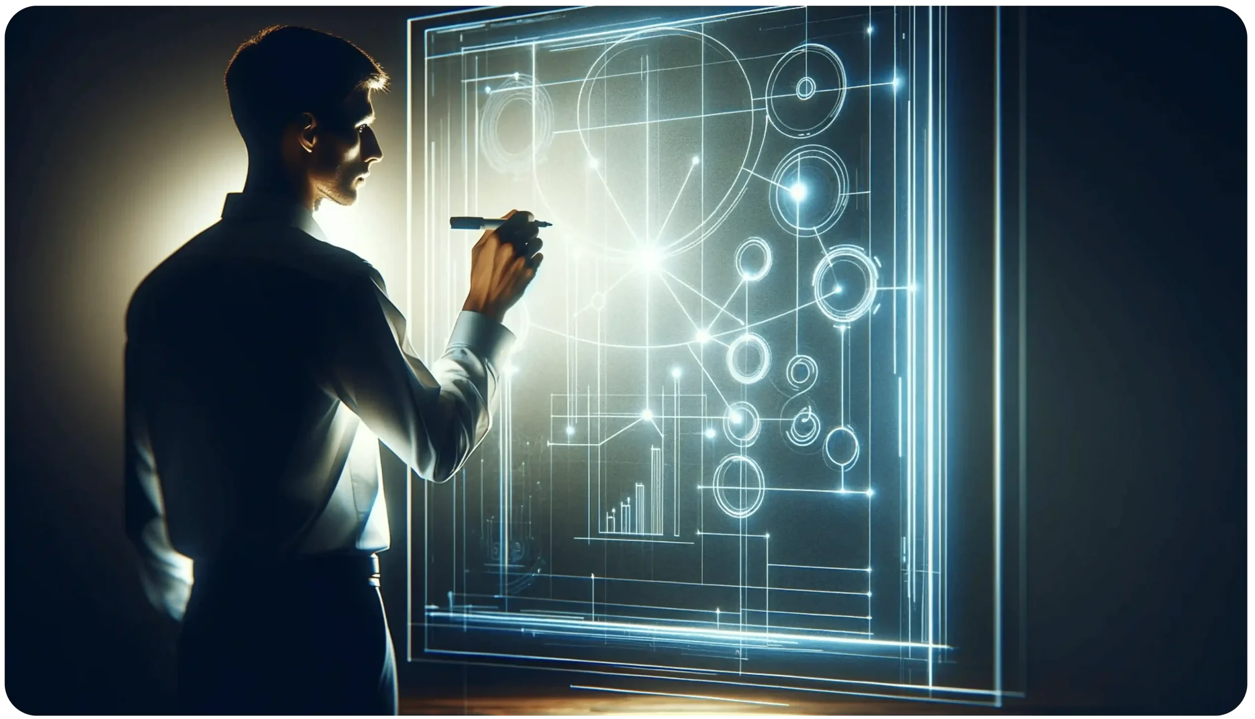 A man is standing in a dimly lit room, using a stylus to interact with a glowing, futuristic digital interface displaying graphs, charts, and geometric shapes. The interface has a transparent, holographic appearance.